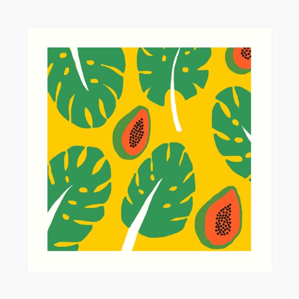 leaves, papayas, yellow background Art Print