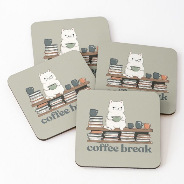 Item preview, Kawaii White Cat Coffee Break on a Bookshelf – Cozy Bookish Animal Art designed and sold by Purrfectanime.