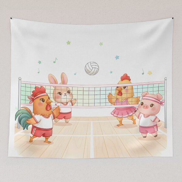 Item preview, Adorable Animal Volleyball Game - Cute Rooster, Bunny, Chicken & Pig Playing Sports. designed and sold by VibranPalette.