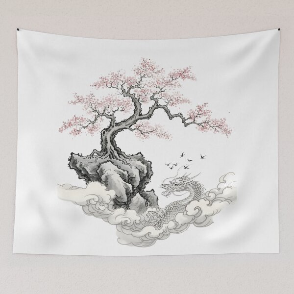 Item preview, Traditional Japanese Dragon and Sakura Tree - Sumi-e Ink Illustration. designed and sold by VibranPalette.