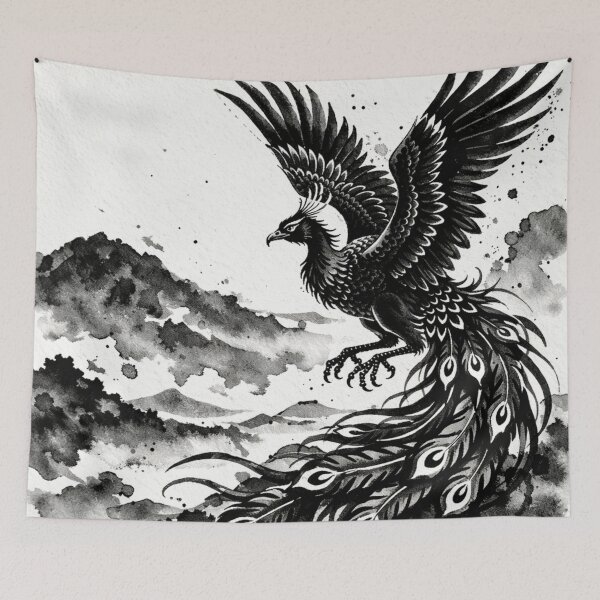 Item preview, Rising Phoenix Ink Illustration – Black and White Japanese Sumi-e Art designed and sold by wa-birds-hama.