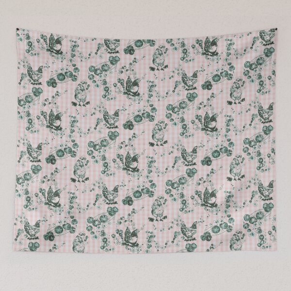 Item preview, Pink & Green Chicken Chinoiserie on Vintage Feed Sack Gingham designed and sold by LoveAlways-AEP.