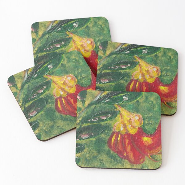 Item preview, Art Print of an original acrylic painting Flame in the Dark red Orange yellow flower and dark leaves of the Austrlaine Black Bean West Moreton Chestnut tree designed and sold by empressbat merch.