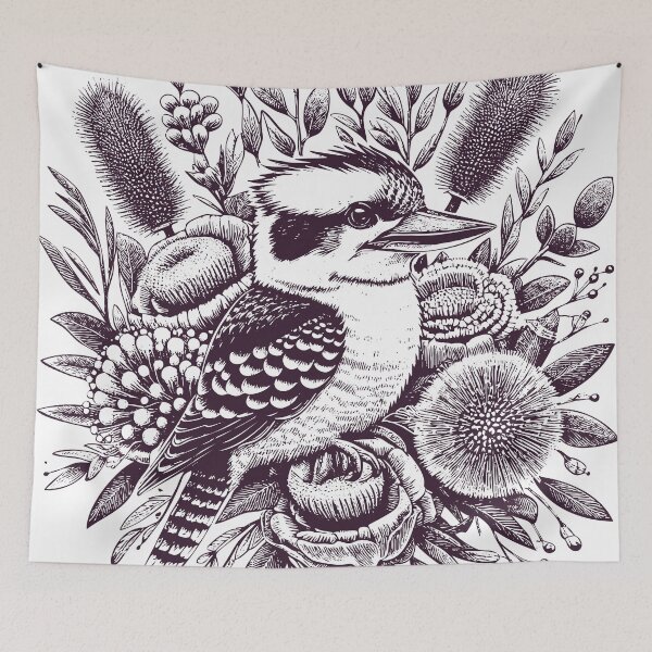 Item preview, Kookaburra Bouquet: Australian Bird, Native Flowers, Wildlife Art Illustration designed and sold by Aritxa.