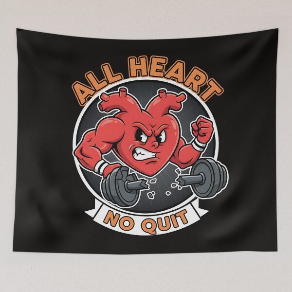 Item preview, All Heart No Quit - Muscular Heart Fitness Mascot Art designed and sold by CELESTIAL©️.