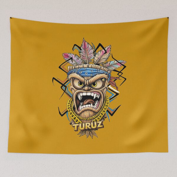 Item preview, Turuz Angry Tribal Mask | Cartoon Wooden Totem with Feathers & Gold Chain designed and sold by Italian Ink Studio.