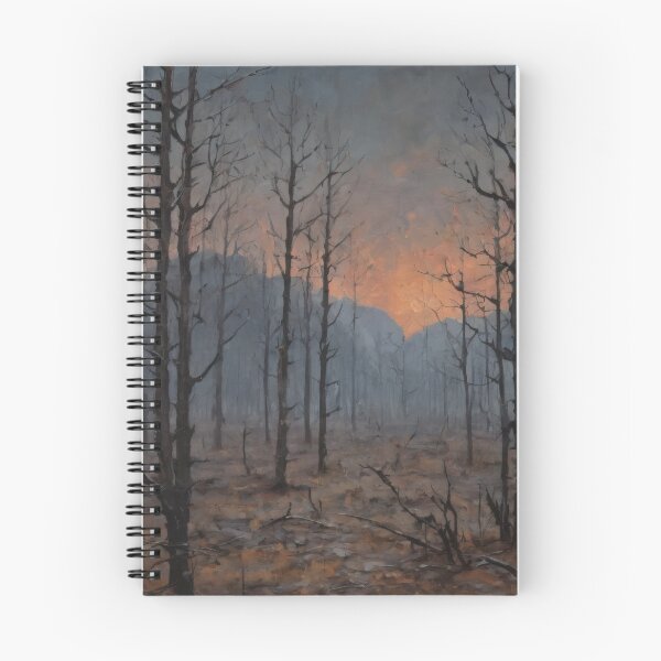 Item preview, Burned Forest at Dawn – Smoky Sunrise Landscape Art designed and sold by Visualynx.