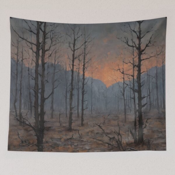 Item preview, Burned Forest at Dawn – Smoky Sunrise Landscape Art designed and sold by Visualynx.
