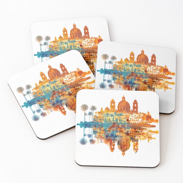 Item preview, Mediterranean Sunset Reflection - Vibrant Tropical City Skyline & Palm Tree Art designed and sold by DesignArtist.ia.