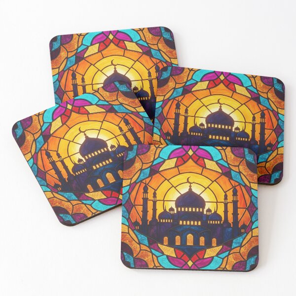 Item preview, Stained Glass Mosque Silhouette at Sunset - Islamic Art Design designed and sold by Midnight Manor Art.