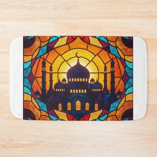 Artikelvorschau, Silhouette einer Moschee aus Buntglas im Sonnenuntergang – Islamisches Kunstdesign entworfen und verkauft von Zouak.