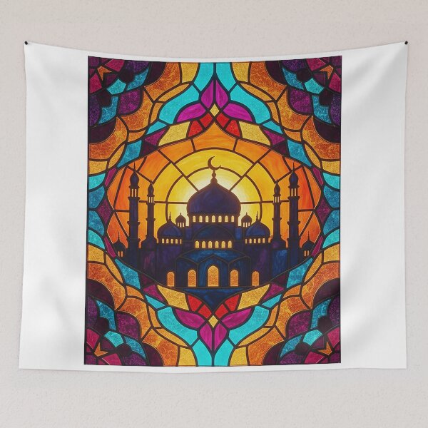Item preview, Stained Glass Mosque Silhouette at Sunset - Islamic Art Design designed and sold by Midnight Manor Art.