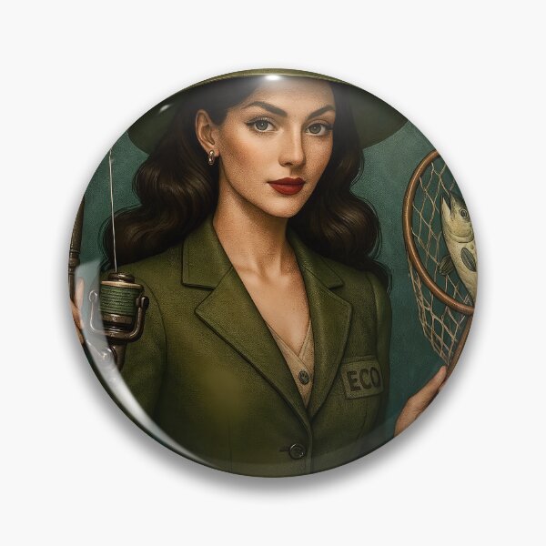 Item preview, Eco angler emblem with woman in dark green hat and blazer, trout designed and sold by Creative88Art.
