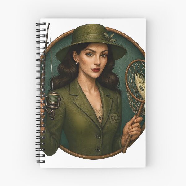 Item preview, Eco angler emblem with woman in dark green hat and blazer, trout designed and sold by Creative88Art.