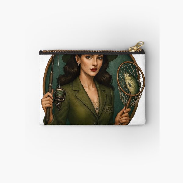 Item preview, Eco angler emblem with woman in dark green hat and blazer, trout designed and sold by Creative88Art.