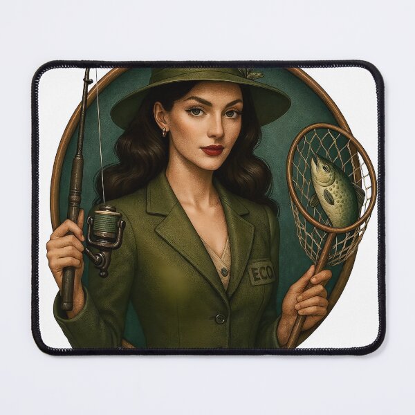Item preview, Eco angler emblem with woman in dark green hat and blazer, trout designed and sold by Creative88Art.