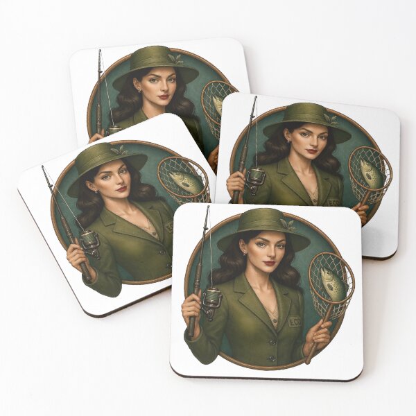 Item preview, Eco angler emblem with woman in dark green hat and blazer, trout designed and sold by Creative88Art.