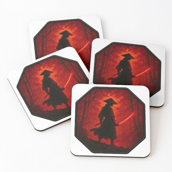 Item preview, Octagonal samurai badge with glowing red katana in forest scene designed and sold by Creative88Art.