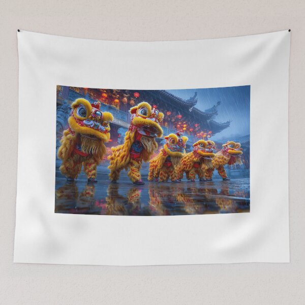 Item preview, Vibrant Lion Dance Amidst Rainy Festival Atmosphere designed and sold by Artessie.