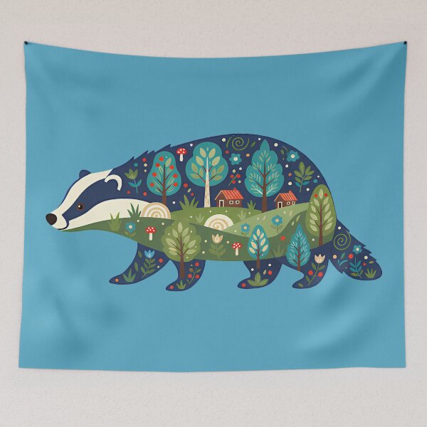 Item preview, Badger Silhouette with Forest Scene – Scandinavian Folk Art by heidiannemorris © designed and sold by FOLK ART FUSION by heidiannemorris.