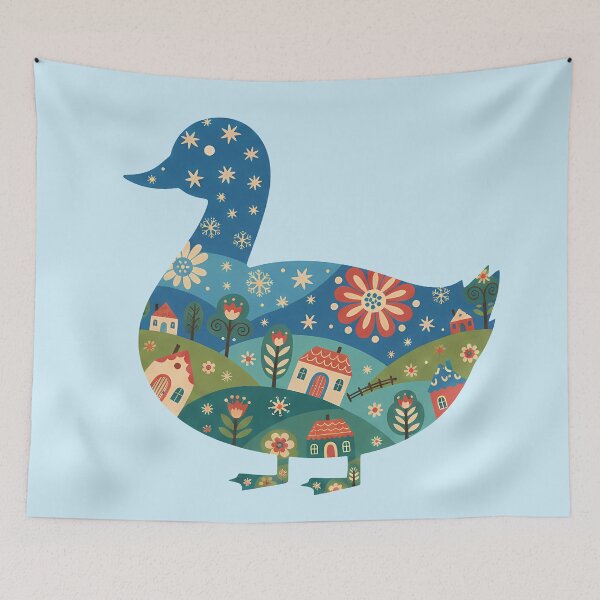 Item preview, Duck Silhouette with Starry Hills – Scandinavian Folk Art by heidiannemorris © designed and sold by FOLK ART FUSION by heidiannemorris.