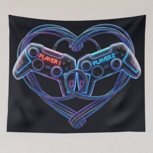 Item preview, Gamer Love Neon Heart - Player 1 and Player 2 Controller Art designed and sold by HappySproutArt.