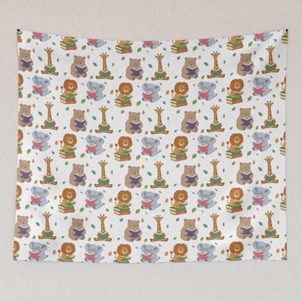 Item preview, Cute Reading Animals Seamless Pattern – Bear, Lion, Elephant & Giraffe with Autumn Leaves | Whimsical Bookish Design in White designed and sold by WildLakePatterns.