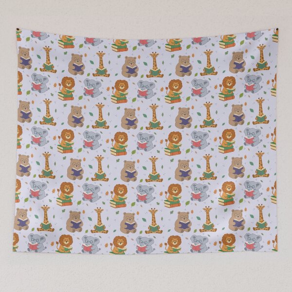 Item preview, Cute Reading Animals Seamless Pattern – Bear, Lion, Elephant & Giraffe with Autumn Leaves | Whimsical Bookish Design in Lilac designed and sold by WildLakePatterns.