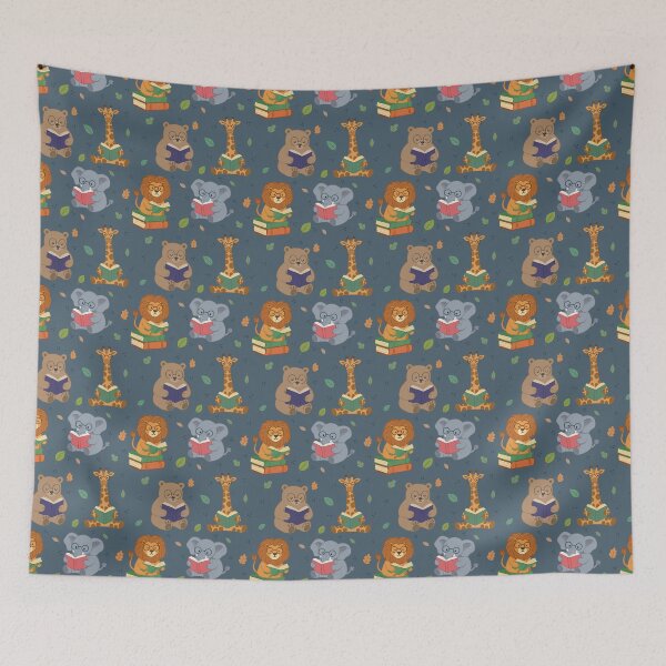 Item preview, Cute Reading Animals Seamless Pattern – Bear, Lion, Elephant & Giraffe with Autumn Leaves | Whimsical Bookish Design in Blue designed and sold by WildLakePatterns.