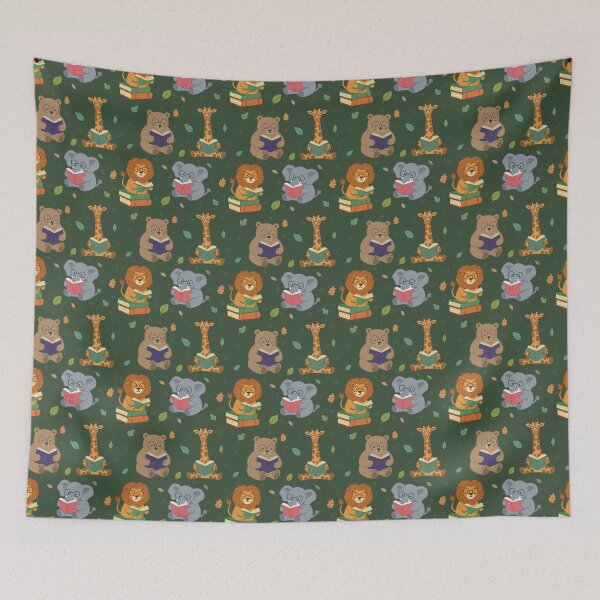 Item preview, Cute Reading Animals Seamless Pattern – Bear, Lion, Elephant & Giraffe with Autumn Leaves | Whimsical Bookish Design in Green designed and sold by WildLakePatterns.
