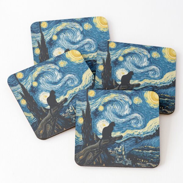 Item preview, Cat in the nigth with star and bats, impressionism, famous painting, Starry Night Style Van Gogh painting Cat Lover designed and sold by Collagedream.