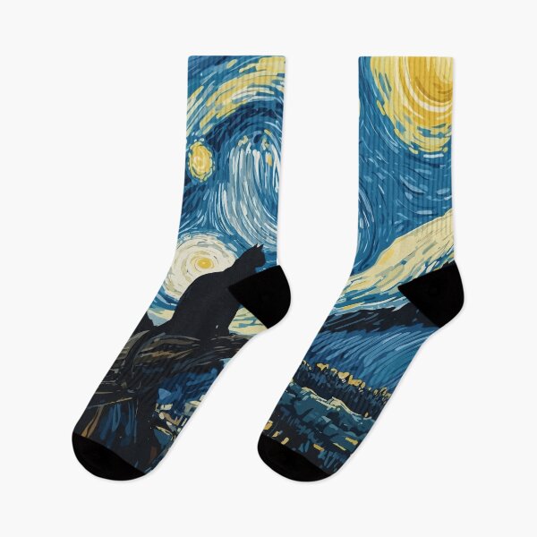 Artikelvorschau, Katze in der Nacht mit Sternen und Fledermäusen, Impressionismus, berühmtes Gemälde, Sternennacht im Stil von Van Gogh, Katzenliebhaber entworfen und verkauft von Collagedream.