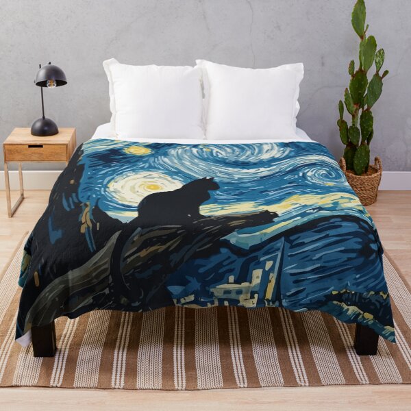 Artikelvorschau, Katze in der Nacht mit Sternen und Fledermäusen, Impressionismus, berühmtes Gemälde, Sternennacht im Stil von Van Gogh, Katzenliebhaber entworfen und verkauft von Collagedream.