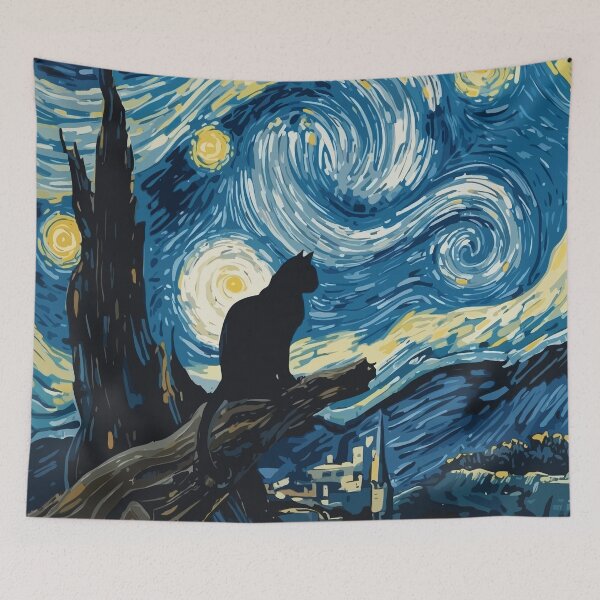Item preview, Cat in the nigth with star and bats, impressionism, famous painting, Starry Night Style Van Gogh painting Cat Lover designed and sold by Collagedream.