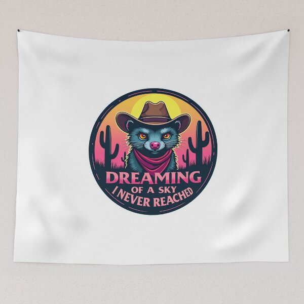 Item preview, Grumpy Cowboy Opossum Sticker - Dreaming of a Sky I Never Reached - Retro Desert designed and sold by The Grumpy Pet Club.