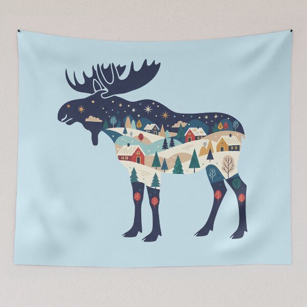Item preview, Moose Silhouette with Lapland Village – Scandinavian Folk Art by heidiannemorris © designed and sold by FOLK ART FUSION by heidiannemorris.