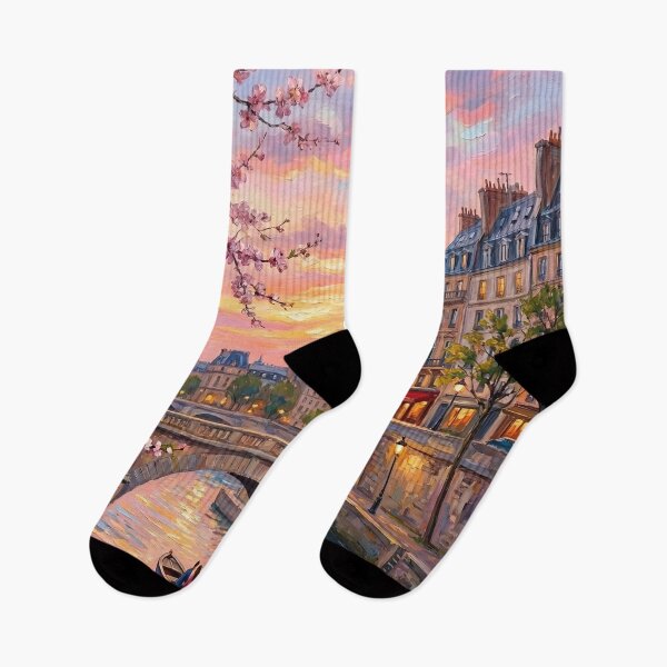 Item preview, Romantic Paris Sunset & Cherry Blossoms - Eiffel Tower Oil Painting designed and sold by PrintShopGeneva.