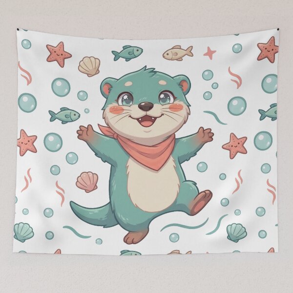 Item preview, Cute ocean-themed pattern with cartoon otters, fish, shells and air bubbles. designed and sold by OtterlyAssets.