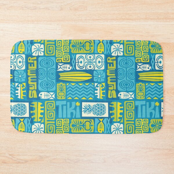 Item preview, Retro Hawaii Tiki Summer Colorful Turquoise Blue Tropical Tapa Print designed and sold by RetroMaggie.