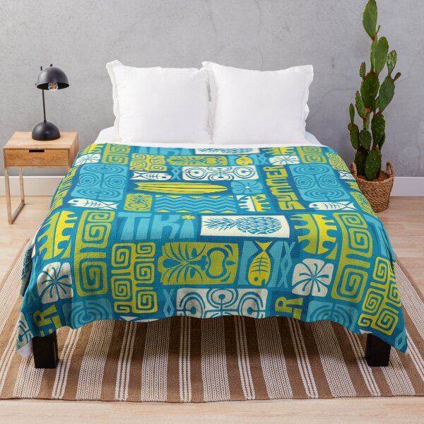 Item preview, Retro Hawaii Tiki Summer Colorful Turquoise Blue Tropical Tapa Print designed and sold by RetroMaggie.