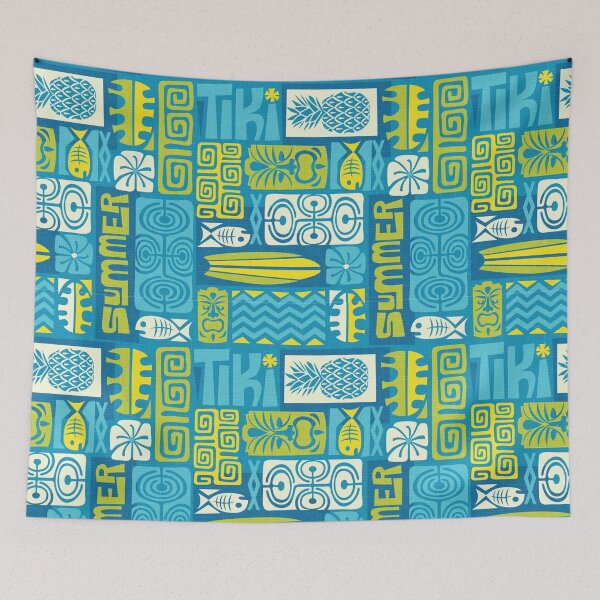 Item preview, Retro Hawaii Tiki Summer Colorful Turquoise Blue Tropical Tapa Print designed and sold by RetroMaggie.