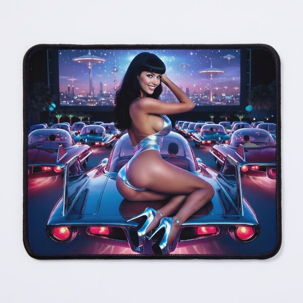 Item preview, Sexy Retro Futuristic Drive-in Series #3: Sexy Black-Haired Pinup girl on Car at Drive-In Movie designed and sold by Nico Simon Princely.