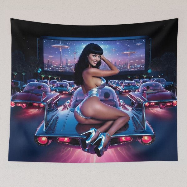 Item preview, Sexy Retro Futuristic Drive-in Series #3: Sexy Black-Haired Pinup girl on Car at Drive-In Movie designed and sold by Nico Simon Princely.