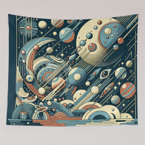Item preview, Retro Geometric Space Planets in Teal and Orange designed and sold by InkSmithery.
