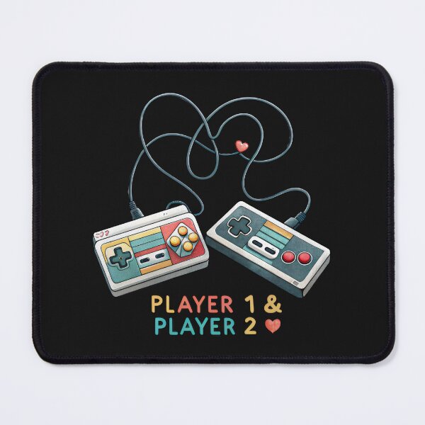 Item preview, Two retro 8-bit controllers with their cords tangled. Text: "Player 1 & Player 2." designed and sold by GogoGrove.