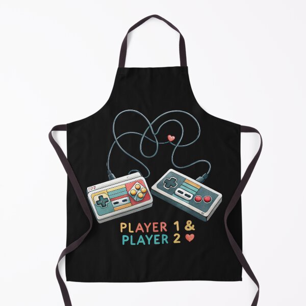 Item preview, Two retro 8-bit controllers with their cords tangled. Text: "Player 1 & Player 2." designed and sold by GogoGrove.