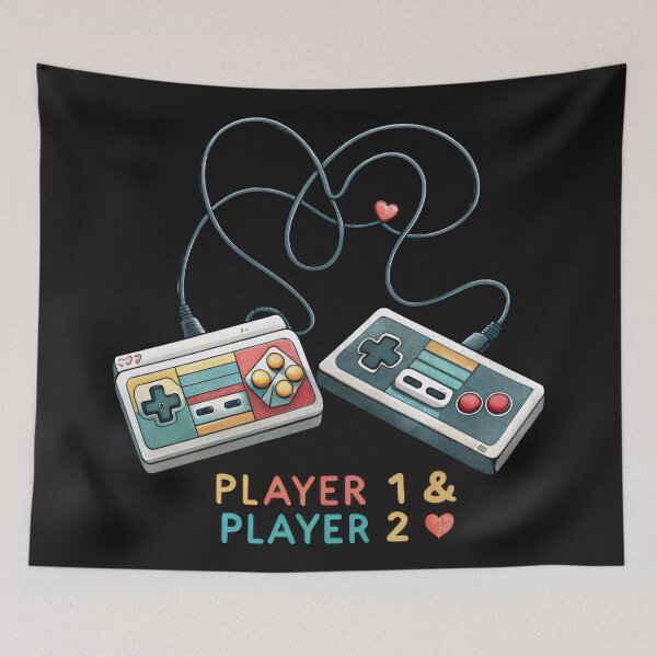 Item preview, Two retro 8-bit controllers with their cords tangled. Text: "Player 1 & Player 2." designed and sold by GogoGrove.
