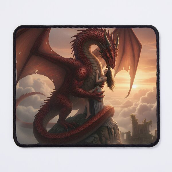 Item preview, Dragon and maiden embrace on a rocky outcrop as sun sets designed and sold by adriansmith31.