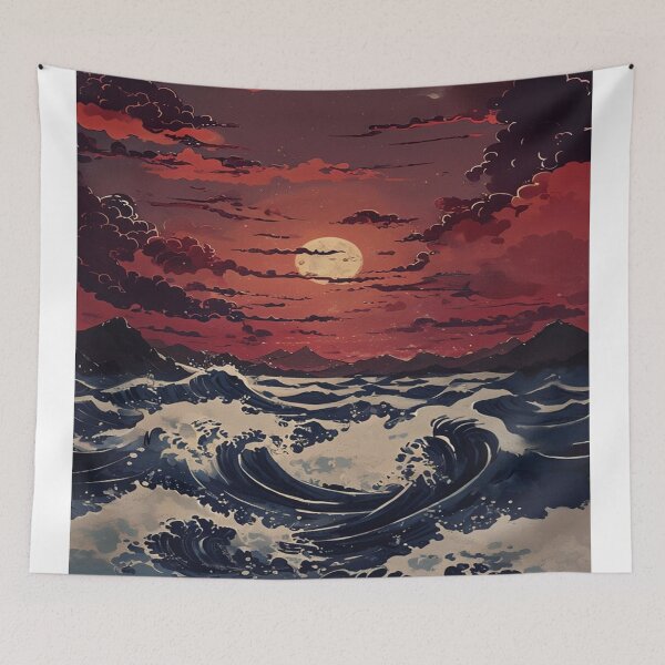 Item preview, Nighttime pattern of the moon and surreal waves designed and sold by saly55887.