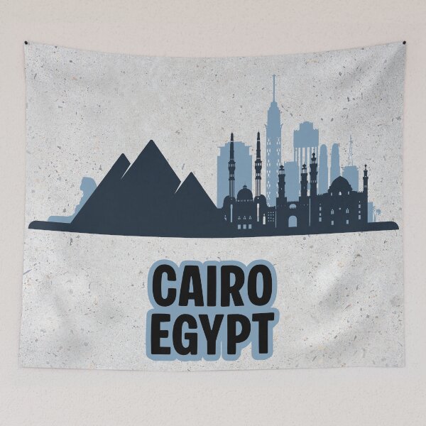 Aperçu de l'œuvre Silhouette minimaliste de la ville du Caire (Égypte) avec ses pyramides créée et vendue par Basma Store.